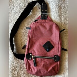 Harvest Label Sling Backpack Crossbody Bag Osaka Japan Red Canvas Black Trim